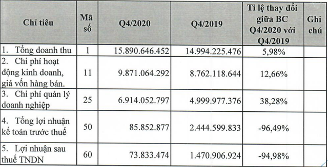 Biến động quý IV/2020 so với cùng kỳ năm trước