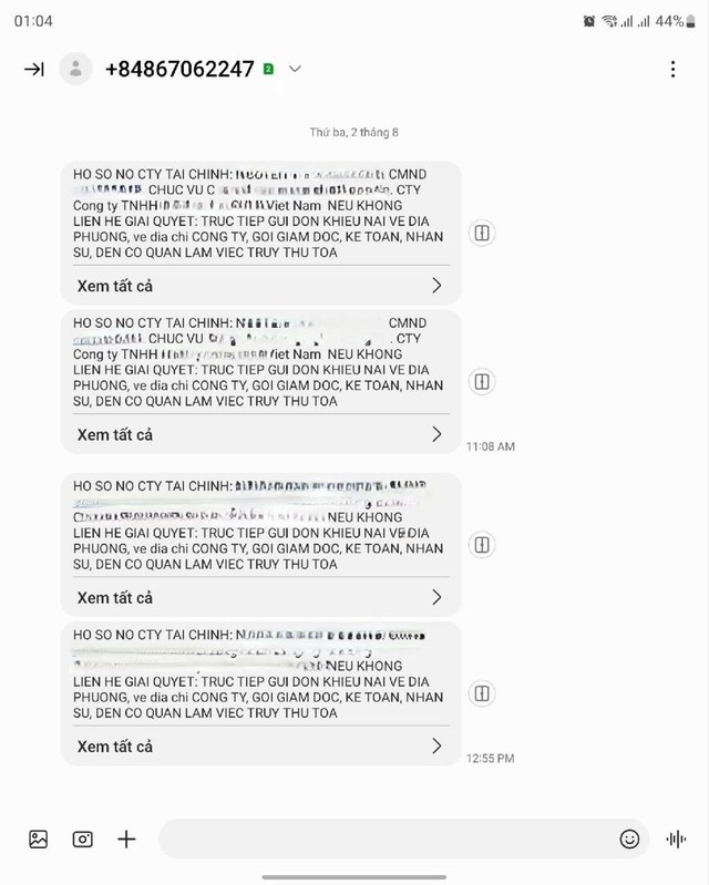 Các tin nhắn đòi nợ liên tục được gửi đến