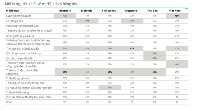 Tại Việt Nam, các mối lo ngại hàng đầu là quãng đường đi được, thời gian cần thiết để sạc đầy và việc thiếu kiến thức/hiểu biết về công nghệ điện và xe điện