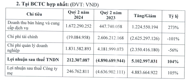Một số chỉ tiêu tài chính của AAV trong quý II/2024