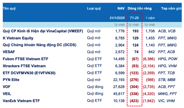 Top vào/rút ròng theo từng loại loại hình quỹ trong tháng 1/2025