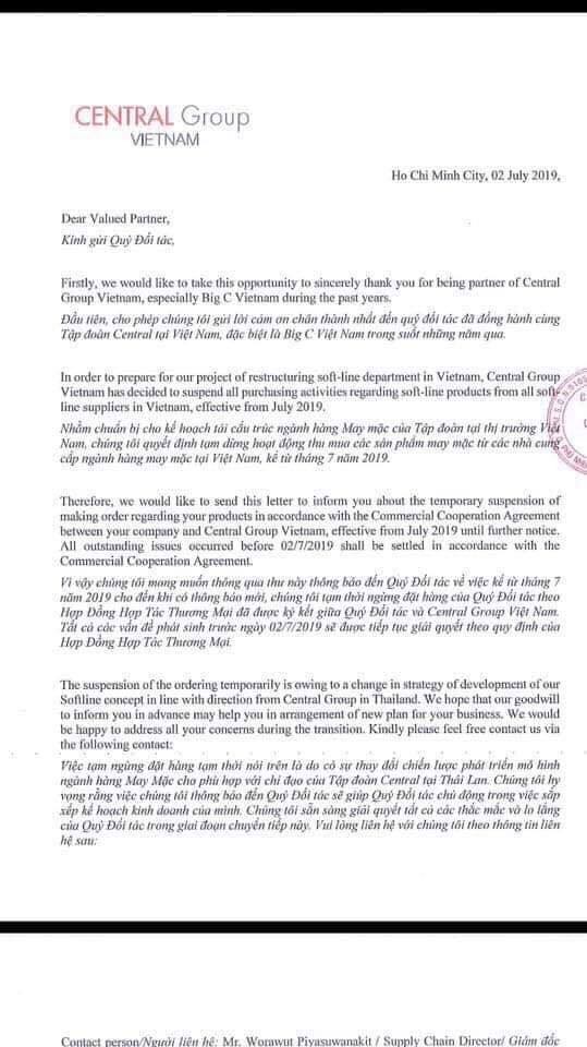 Bị hàng loạt nhà cung cấp phản ứng, Central Group lý giải gì về việc đột ngột dừng nhập hàng may mặc Việt Nam? ảnh 1