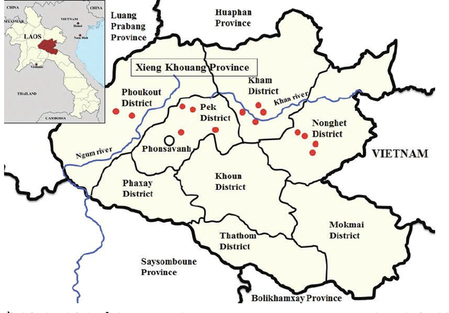 Bản đồ hành chính tỉnh Xieng Khouang, nơi Sao Mai group thực hiện khảo sát siêu dự án điện gió quy mô gần 18.000 ha tại huyện Nong Het, khu vực giáp ranh biên giới Việt - Lào.