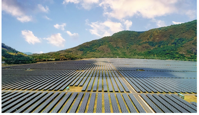 Toàn cảnh Nhà máy điện mặt trời Sao Mai 210 MWp (An Giang), biểu tượng của sự kết hợp thành công giữa năng lượng sạch và du lịch sinh thái (An Hảo Solar Farm), nền tảng cho các bước tiến vươn tầm quốc tế của Tập đoàn.