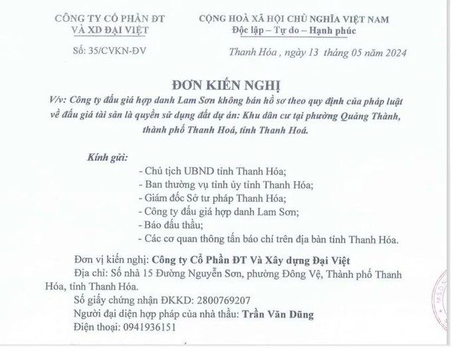 Đơn Kiến nghị của Công ty Cổ phần ĐT và XD Đại Việt ngày 13/5/2024.