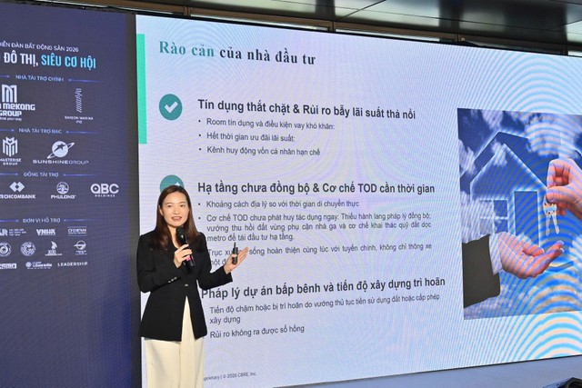 Bà Dương Thùy Dung, Giám đốc điều hành CBRE Việt Nam chia sẻ tại diễn đàn. (Ảnh: BTC) Bà Dương Thùy Dung, Giám đốc điều hành CBRE Việt Nam chia sẻ tại diễn đàn. (Ảnh: BTC)