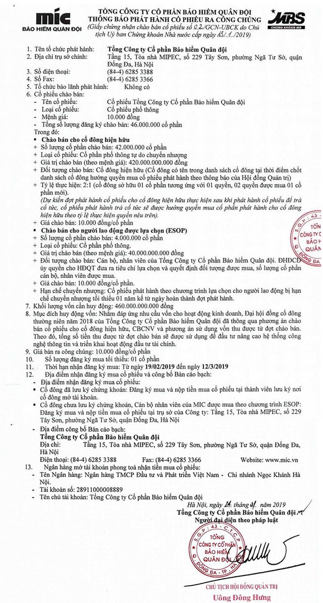 Bảo hiểm Quân đội (MIC) phát hành thêm 46 triệu cổ phiếu ra công chúng ảnh 1