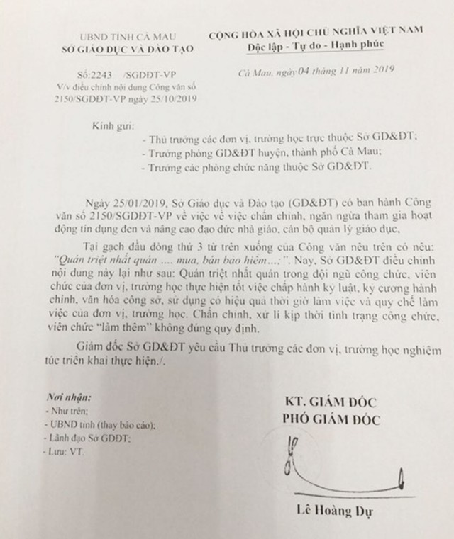 Sở Giáo dục và Đào tạo Cà Mau sửa lỗi “chấn chỉnh giáo viên đi bán bảo hiểm”  ảnh 1