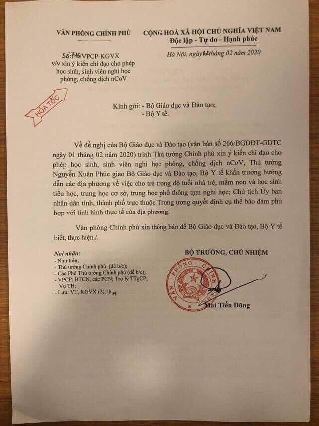 Thủ tướng đồng ý cho học sinh tạm nghỉ học để phòng chống dịch virus corona ảnh 1