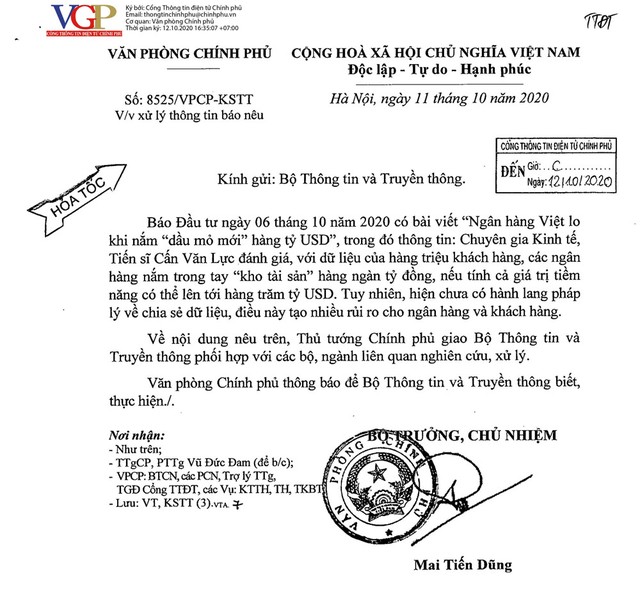 Nội dung công văn của Văn phòng Chính phủ.
