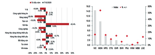 Diễn biến các nhóm ngành trong 10 tháng đầu năm 2020 và Top cổ phiếu tác động mạnh tới VN-Index.