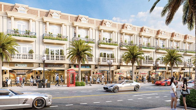 Phối cảnh một dãy shophouse của khu đô thị Thăng Long Central City tại Bàu Bàng đang xây dựng và được Liên minh sàn giao dịch 5F giới thiệu ra thị trường.