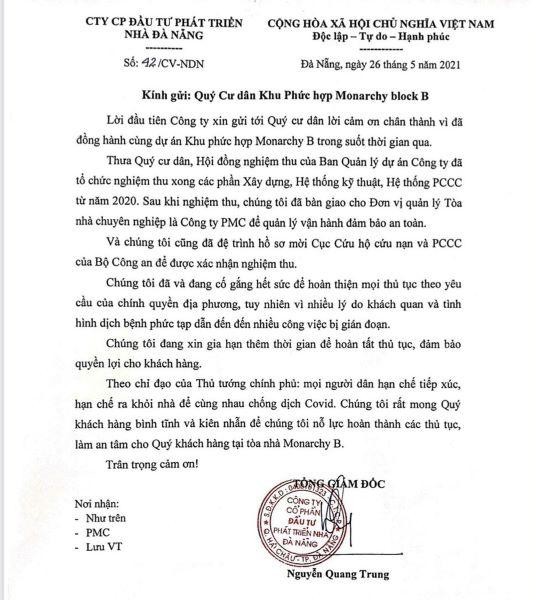 Thông báo của chủ đầu tư đến các hộ dân không nhắc đến việc phải di dời theo yêu cầu của chính quyền sở tại.