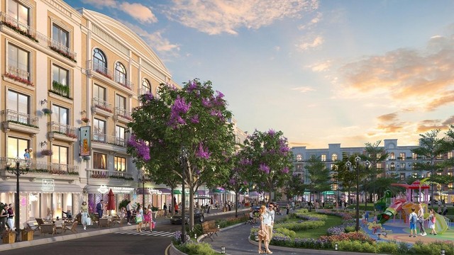 Hai phân khu shophouse lớn nhất dự án là Amsterdam và Champs Elysees đều có công viên nội khu xanh mát.