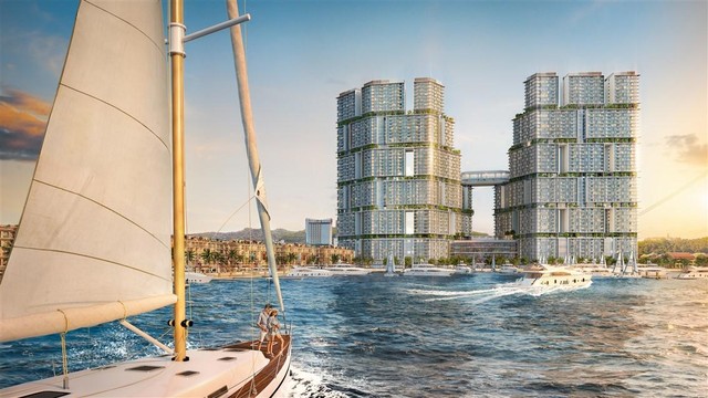 Tháp đôi biểu tượng Sun Marina Town bên Vịnh Du Thuyền.