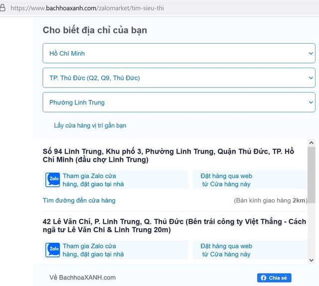 Giao diện để khách hàng chọn gia nhập vào group zalo siêu thị Bách hóa Xanh gần nhà mình, thao tác đơn giản, dễ dàng.