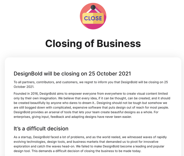 Thông báo đóng cửa của DesignBold.
