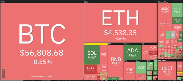 Thị trường tiếp tục đỏ lửa trong phiên giao dịch ngày 3/12. Nguồn: Coin360.