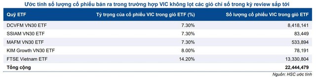 Ước tính số lượng cổ phiếu bán ra trong trường hợp VIC không lọt vào các giỏ chỉ số trong kỳ review sắp tới. Ước tính số lượng cổ phiếu bán ra trong trường hợp VIC không lọt vào các giỏ chỉ số trong kỳ review sắp tới.