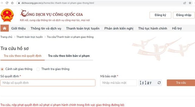 Giao diện Cổng Dịch vụ công quốc gia trong mục tra cứu, nộp phạt vi phạm giao thông (Ảnh chụp màn hình). Giao diện Cổng Dịch vụ công quốc gia trong mục tra cứu, nộp phạt vi phạm giao thông (Ảnh chụp màn hình).