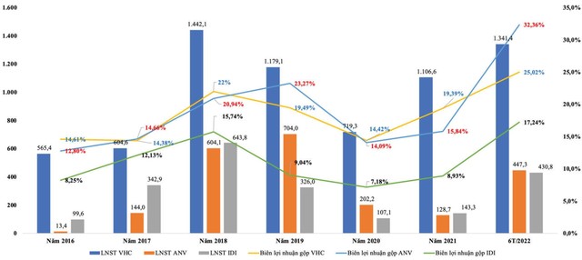 Lợi nhuận sau thuế và biên lợi nhuận gộp của một số doanh nghiệp xuất khẩu cá tra (Đơn vị: tỷ đồng).