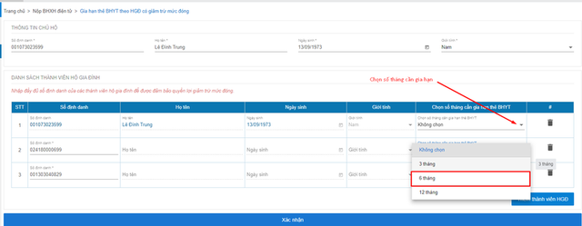 Màn hình chọn số tháng cần gia hạn.