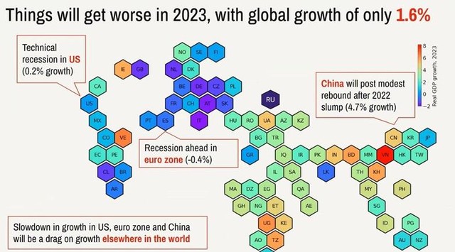(Bản đồ nhiệt dự báo GDP toàn cầu 2023 – nguồn The Economist).