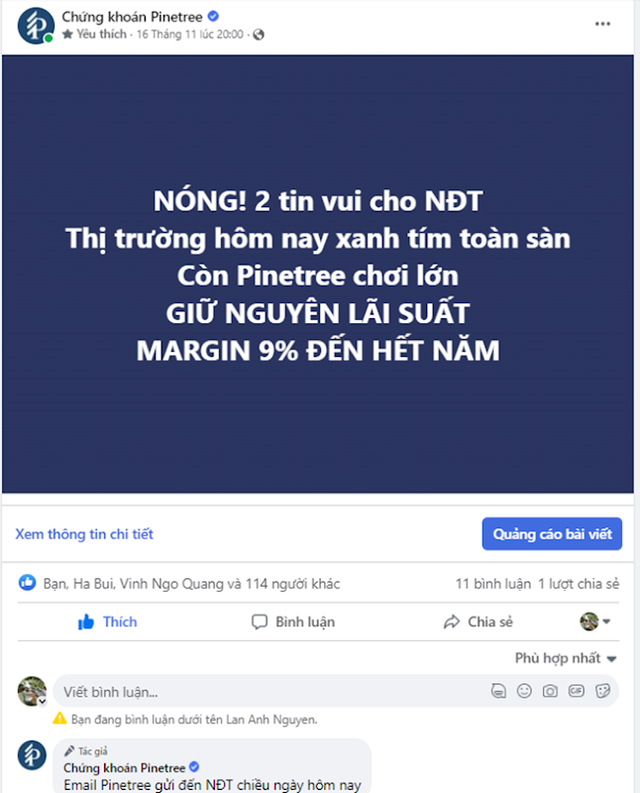Tại fanpage Pinetree, Khách hàng ủng hộ việc duy trì margin 9%