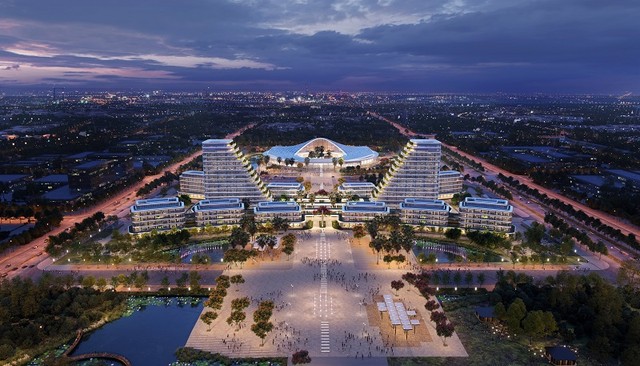 Phối cảnh Dự án đầu tư xây dựng công trình Trung tâm Chính trị - Hành chính thành phố, hệ thống giao thông và hệ thống hạ tầng kỹ thuật đồng bộ tại Khu đô thị Bắc sông Cấm.