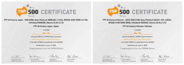 Hai nhà máy AI của FPT giữ vị trí thứ 36 và 38 trong BXH TOP500 (Nguồn: TOP500.org). Hai nhà máy AI của FPT giữ vị trí thứ 36 và 38 trong BXH TOP500 (Nguồn: TOP500.org).