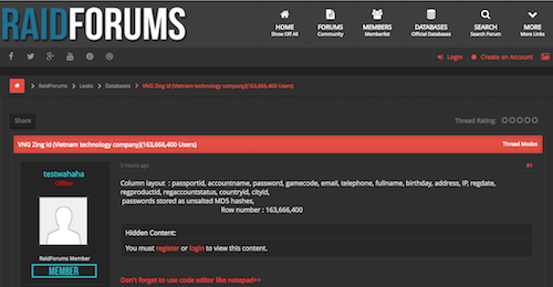 Thông tin về hơn 163 triệu tài khoản Zing ID được chia sẻ trên Raidforums.