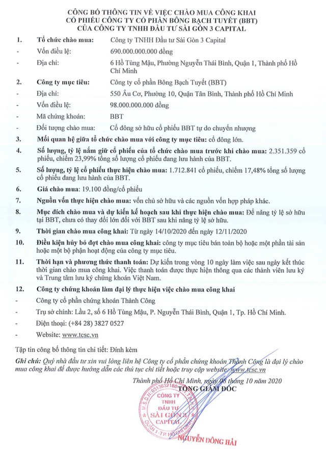 Công ty TNHH Đầu tư Sài Gòn 3 Capital thông báo chào mua công khai cổ phiếu CTCP Bông Bạch Tuyết (BBT) ảnh 1