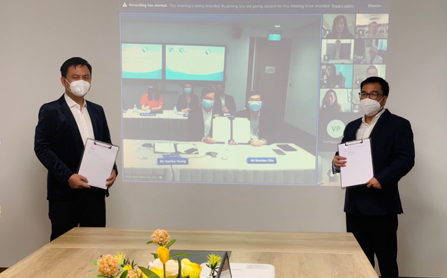 Ông Nguyễn Hồ Nam, Chủ tịch HĐQT Bamboo Capital Group (bên trái) và ông Phạm Minh Tuấn, Giám đốc điều hành BCG Energy trong lễ ký kết online với đối tác SP (Singapore Power Group)