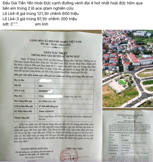 Sau phiên đấu giá đất tại Tiền Yên (Hoài Đức) đã có thông tin nhượng lại với giá bán chênh “vài trăm triệu đồng”.