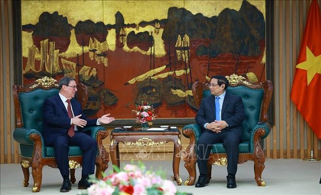 Thủ tướng Phạm Minh Chính tiếp đồng chí Bruno Rodríguez Parrilla, Ủy viên Bộ Chính trị, Đặc phái viên Đảng, Chính phủ Cuba, Bộ trưởng Bộ Ngoại giao Cuba. Ảnh: Dương Giang/TTXVN