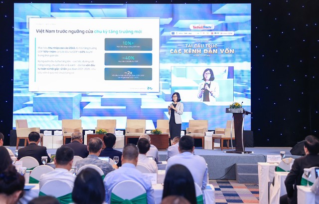 Bà Đặng Nguyệt Minh, Giám đốc Nghiên cứu Dragon Capital, cho rằng Việt Nam cần đẩy nhanh quá trình chuyển dịch từ mô hình phụ thuộc vào tín dụng ngân hàng sang thị trường vốn dài hạn. Ảnh: Dũng Minh Bà Đặng Nguyệt Minh, Giám đốc Nghiên cứu Dragon Capital, cho rằng Việt Nam cần đẩy nhanh quá trình chuyển dịch từ mô hình phụ thuộc vào tín dụng ngân hàng sang thị trường vốn dài hạn. Ảnh: Dũng Minh