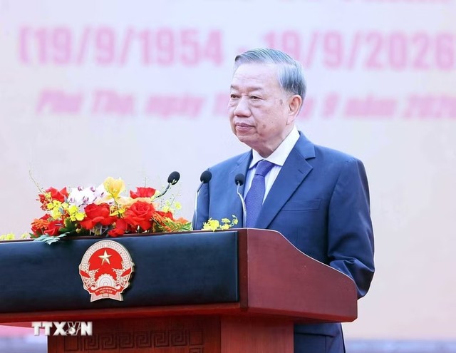 Tổng Bí thư, Chủ tịch nước Tô Lâm phát biểu tại Lễ khánh thành Tượng đài “Bác Hồ với Ngày hội non sông”. (Ảnh: Thống Nhất/TTXVN) Tổng Bí thư, Chủ tịch nước Tô Lâm phát biểu tại Lễ khánh thành Tượng đài “Bác Hồ với Ngày hội non sông”. (Ảnh: Thống Nhất/TTXVN)