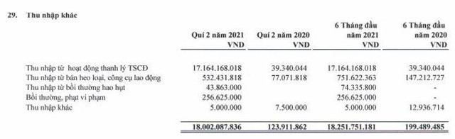 Cơ cấu thu nhập khác trong quý II/2021 của AFX