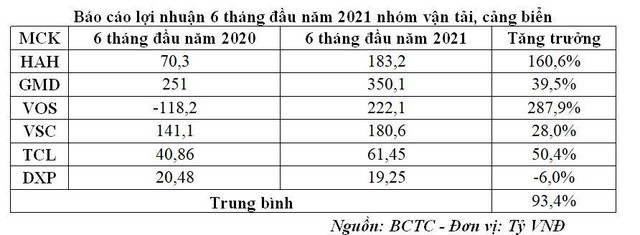 Báo cáo lợi nhuận 6 tháng đầu năm 2021 nhóm vận tải, cảng biển