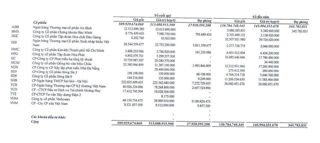 Danh mục đầu tư chứng khoán của NDN tính tới 30/9/2021