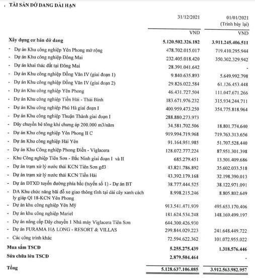 Cơ cấu tài sản dở dang dài hạn của VGC tính tới 31/12/2021.