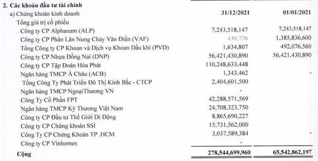 Danh mục cổ phiếu đang đầu tư của SAM tính tới 31/12/2021.