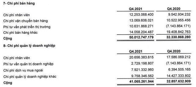 Chi phí bán hàng và quản lý doanh nghiệp tăng cao trong quý IV/2021.