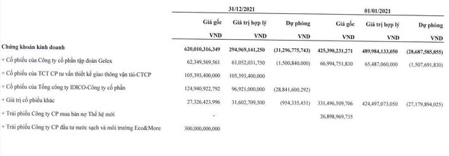 Danh mục đầu tư chứng khoán của MHC tính tới 31/12/2021.