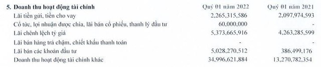 Cơ cấu doanh thu tài chính quý I/2022 của SAM.