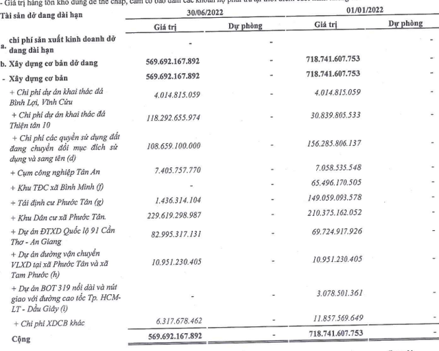 Cơ cấu tài sản dở dang dài hạn của CTI tới 30/6/2022.