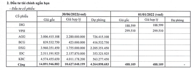 Danh mục đầu tư cổ phiếu của DC4 tới 30/6/2022.