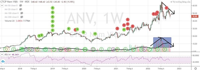 Cổ phiếu ANV có dấu hiệu tạo mô hình hai đỉnh với đỉnh sau thấp hơn đỉnh trước.