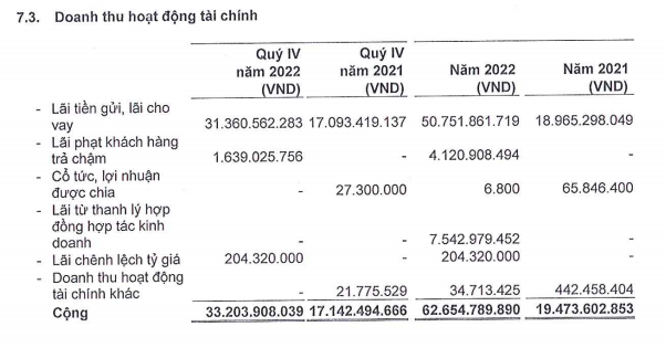 Doanh thu tài chính đột biến nhờ lãi tiền gửi và lãi cho vay.