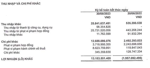 Lợi nhuận khác trong quý II và 6 tháng đầu năm 2023 tăng trưởng do thu nhập từ phạt vi phạm hợp đồng